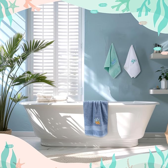 3 Pack Coastal Hand Towels for Bathroom 100% Cotton Embroidered Beach Bathroom - Image 6