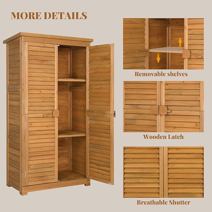 Outvita Outdoor Storage Cabinet, 63in Wooden Garden Tools Shed with 2 Lockable Doors, 3 Adjustable Shelves, Waterproof Roof for Yard Garge Patio Deck Porch, Natural - Image 4
