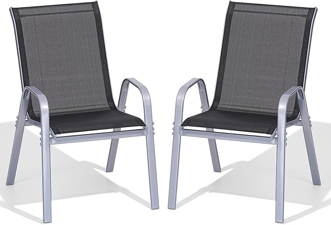 Patio Chairs Set of 2, Easily Set Up Stackable Outdoor Dining Chairs with High Back and Wide Seat, All Weather Breathable Outdoor Chairs Set of 2 with Metal Frame for Backyard Deck Pool, Black by Dovov