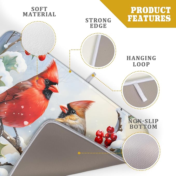 Winter Cardinal Birds Dish Drying Mat, Holly Berry Branches Dish Drying Mat - Image 4