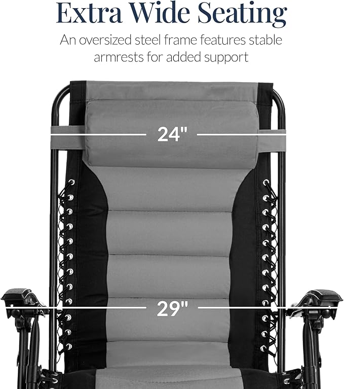 Best Choice Products Oversized Padded Zero Gravity Chair, Folding Outdoor Patio Recliner, XL Anti Gravity Lounger for Backyard w/Headrest, Cup Holder, Side Tray, Polyester Mesh - Gray - Image 4