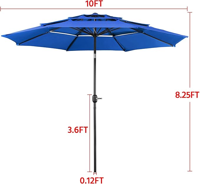 Yaheetech 3 Tier Patio Umbrella 10ft Vented Outdoor Large Market Table Umbrella with 8 Sturdy Ribs and 1.5" Umbrellla Pole, Double-layer Cloth & Push-button Tilting & Crank for Pool/Garden/Lawn Blue - Image 8
