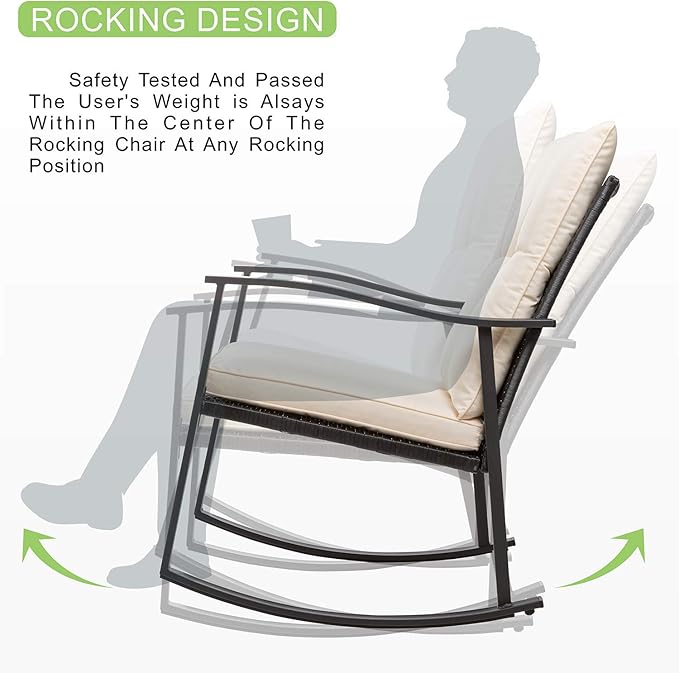 Vongrasig 3 Piece Outdoor Rocking Chair Set, PE Wicker Rattan Small Bistro Set, Front Porch Furniture Rocking Chairs Set of 2, Cushioned Patio Rocker Chair Set with Glass Table (Beige) - Image 5