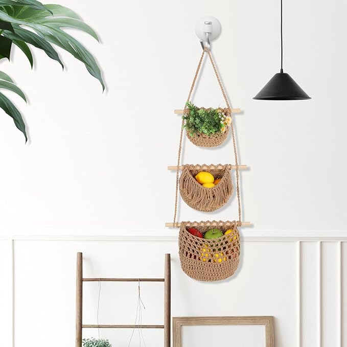 3 Tier Hanging Fruit Basket, Wall Hanging Vegetable Fruit Baskets Cotton Woven - Image 7