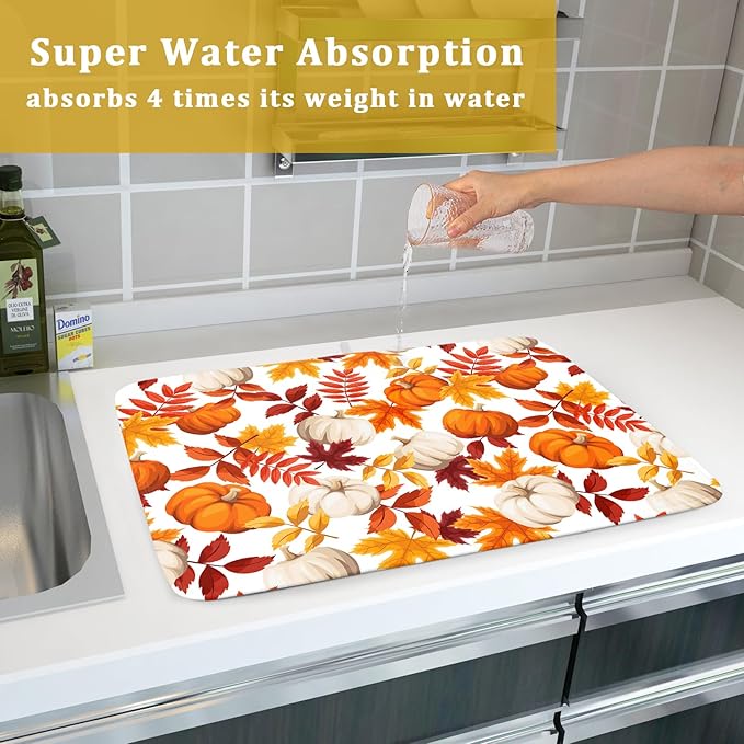 Fall Dish Drying Mat for Kitchen Counter Watercolor Pumpkins Autumn Leaves - Image 7