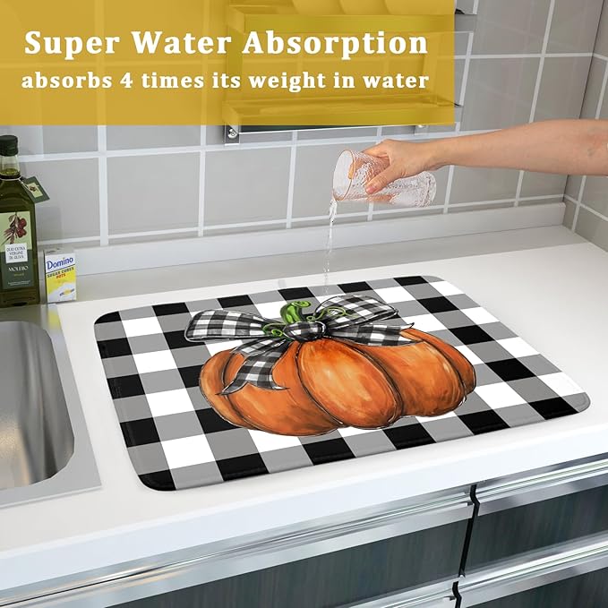 Fall Pumpkin Dish Drying Mat for Kitchen Counter Black White Buffalo Check - Image 7