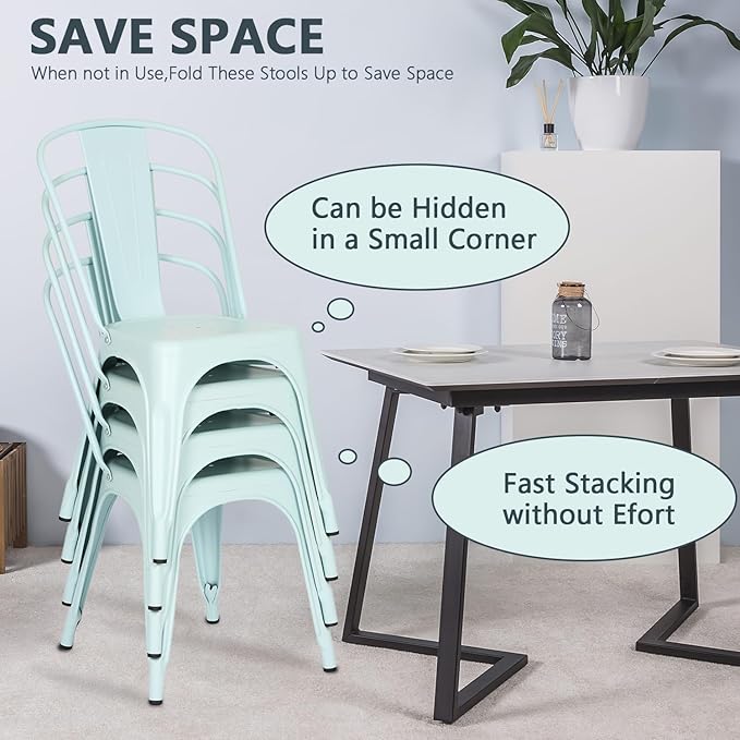 FDW | Set of 4 Metal Dining Chairs | Blue | Stackable Tolix Side Chairs with Backrest | Scratch-Resistant | Non-Slip Feet | Indoor/Outdoor Use | 330 lbs Capacity | Ideal for Kitchen & Restaurant - Image 6