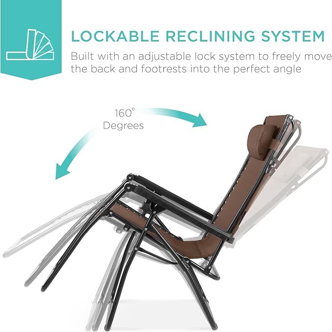 Best Choice Products Folding Zero Gravity Outdoor Recliner Patio Lounge Chair w/Adjustable Canopy Shade, Headrest, Side Accessory Tray, Textilene Mesh - Brown - Image 4