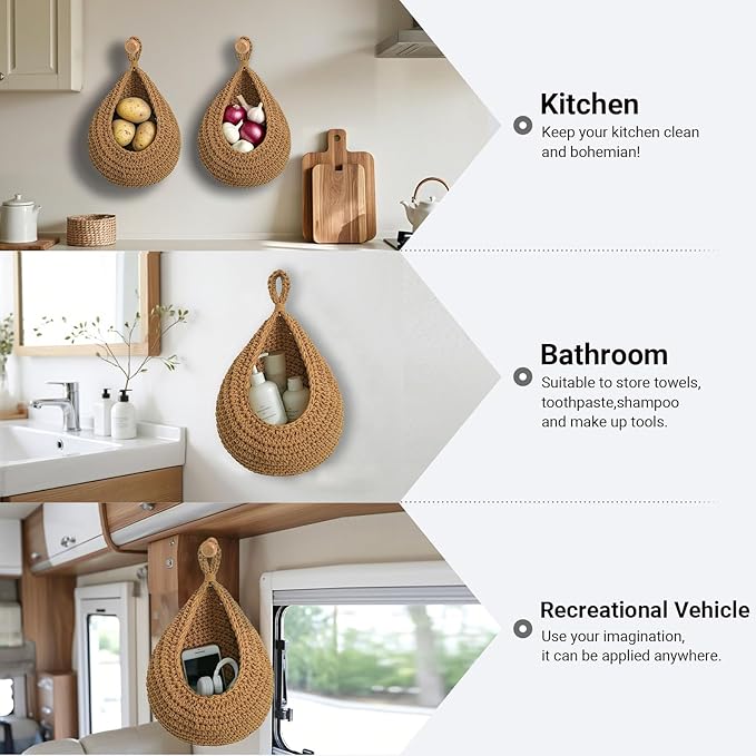 Hanging Fruit Baskets for Kitchen, 3 Pack Boho Cotton Rope Handwoven Vegetable - Image 5