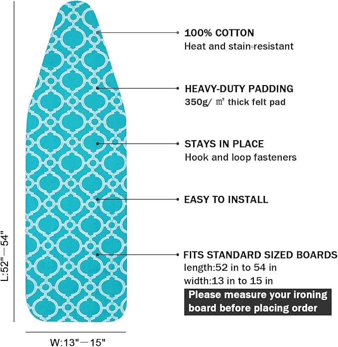 Ironing Board Cover and Pad Standard Size 15" x 54", 3 Pairs of Hook and Loop - Image 2