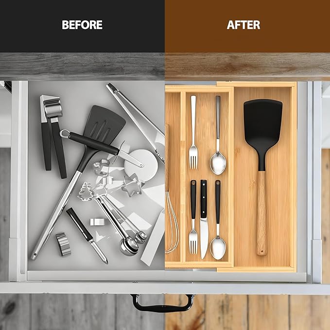 Bamboo Expandable Kitchen Drawer Organizer, 3-5 Slots Drawer Organizer - Image 4