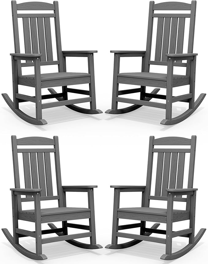 SERWALL Outdoor Rocking Chair Set of 4, HDPE Patio Rocking Chair, All-Weather Porch Rocker for Balcony, Yard, Dark Gray by SERWALL