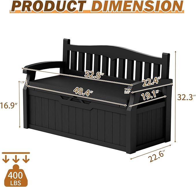 Devoko 80 Gallon Storage Bench with Cushion, Lockable Deck Box for Patio Furniture, Garden Decor and Outdoor Seating for Cushions, Garden Tools and Pool Supplies (Black, 80 Gallon with Cushion) - Image 3