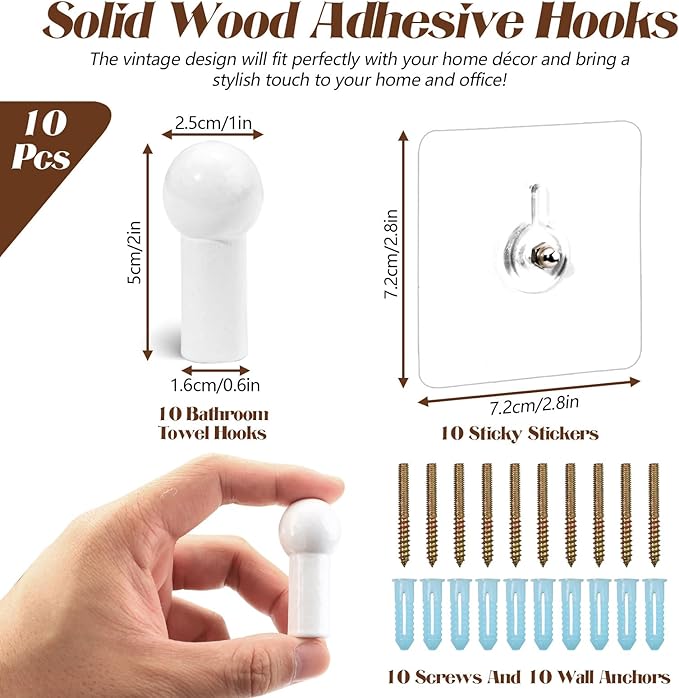 10Pcs Wood Wall Hooks, Natural Wooden Coat Hooks Wall Mounted, Rustic - Image 2
