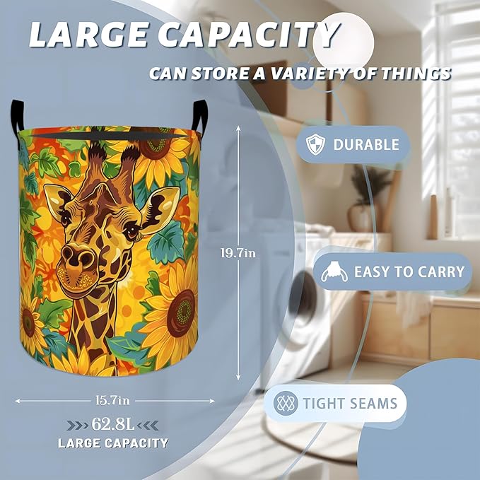 Cute Giraffe Surrounded by Sunflowers Laundry Basket - Image 3