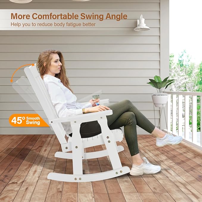 VINGLI Outdoor Rocking Chair Set of 2, Heavy Duty 600 LBS Wooden Rocking Chair with Comfortable Backrest, Weatherproof Rocker with Ergonomic Design, Suit for Patio, Garden, Yard, White - Image 4