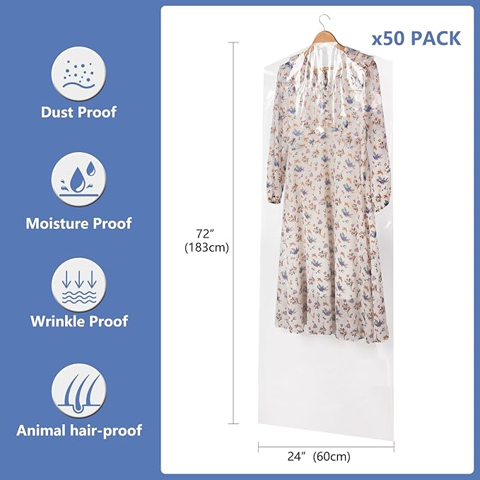 50 Pack 72inch Extra Long Plastic Garment Bag Dust Proof Clear Plastic Clothes - Image 2
