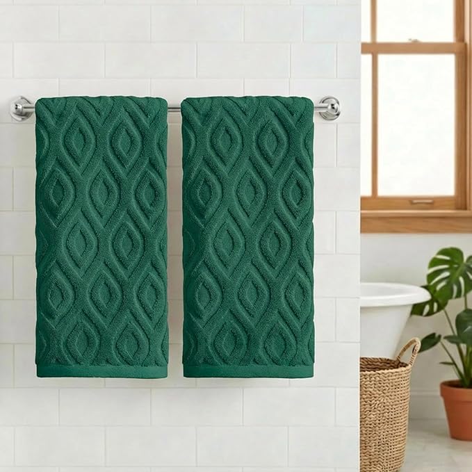 Artoid Mode 2 Pcs Dark Green 3D Diamond Grid Jacquard Hand Towels - Image 2