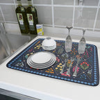 Lapis Blue Dish Drying Mat for Kitchen Counter Flowers Microfiber Absorbent - Image 6