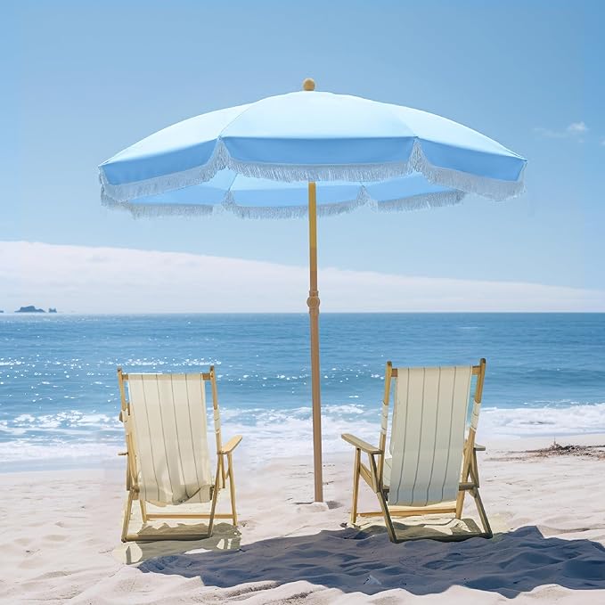PHI VILLA 7ft Beach Umbrella with Fringe & Sand Anchor, Outdoor Patio Heavy Duty Windproof Portable Tassel Umbrellas for Sand with Push Button Tilt & Carrying Bag, UPF 50+, Light Blue (No Base) - Image 8
