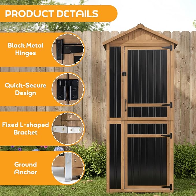 Outdoor Storage Cabinet, Wood & Metal Garden Shed with Waterproof Asphalt Roof, Patio Organizer with 3 Fixed Shelves & Removable Shelf for Long Tools, Lockable Magnetic Doors for Backyard Garage Pool - Image 4