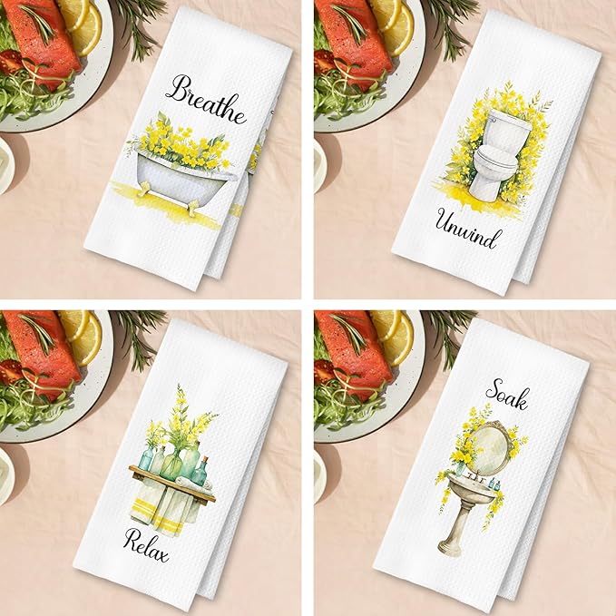 Farmhouse Yellow Botanical Bathroom Hand Towels, Relax Breathe Soak Unwind - Image 4