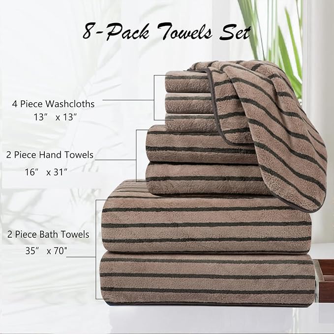8 Pcs Polyester Brown Cabana Stripe Large Bath Towel Set-2 Bathroom Towels - Image 7