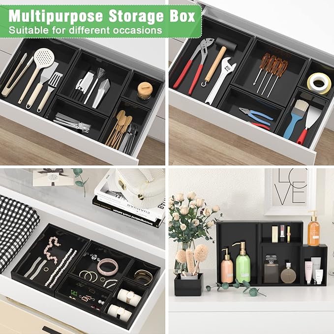 Black Bamboo Bathroom Drawer Organizer, Wooden Kitchen Utensil Holder Set of 5 - Image 4