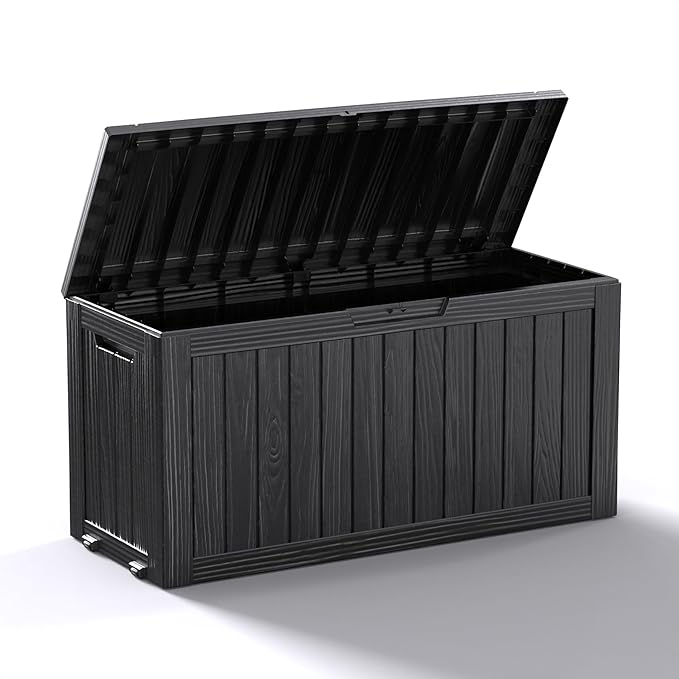 ROJIK Outdoor Storage Box with Wheels,75 Gallon Waterproof Resin Deck Box, Lockable Storage for Patio Cushions,Garden Tools,Pool Accessories,UV-Resistant Storage Bench for Backyard & Deck（Black） by ROJIK