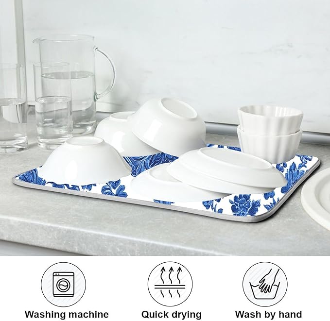 Blue White Porcelain Floral Dish Drying Mat - Image 7