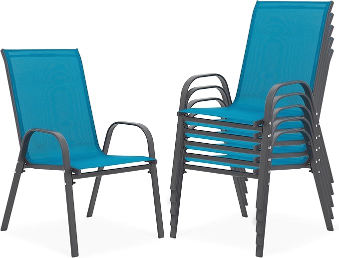 Outdoor Stackable Chairs Set of 6, Stacking Patio Chairs with Textilene Fabric, Outside Furniture for Garden Backyard Balconie Poolside Deck, Blue by Villeston