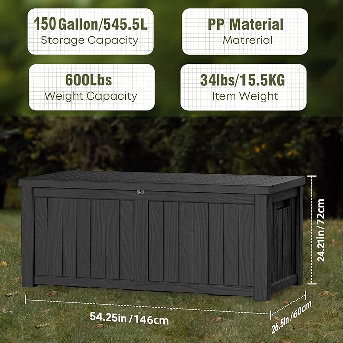150 Gallon Outdoor Deck Box, Lockable Waterproof Outdoor Storage Boxes For Garden Tools,Indoor Cushions,Accessories Outside Storage Resin Weatherproof Container(Black) - Image 4