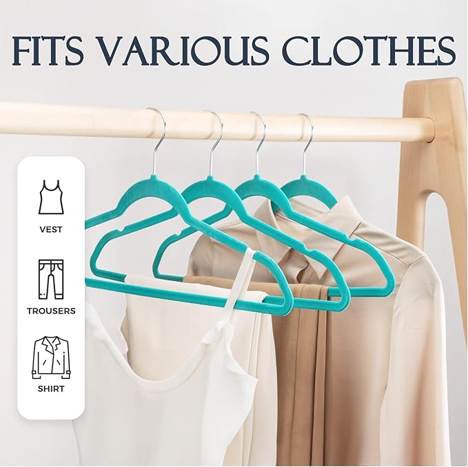 HOUSE DAY Mint Green Velvet Hangers 60 Pack, Non Slip Clothes Felt Hanger Heavy - Image 3