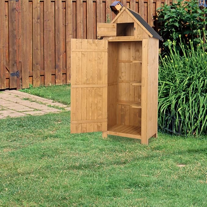 Outvita Outdoor Storage Cabinet, 70in Wooden Vertical Garden Tools Shed, Patio Storage Organizer with Latch & Waterproof Roof for Yard Deck Lawn Farmland Equipment(Natural) - Image 7