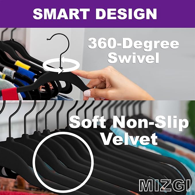 MIZGI All Black Velvet Hangers 40Pack, Premium Flocked Clothes Hangers - Image 2