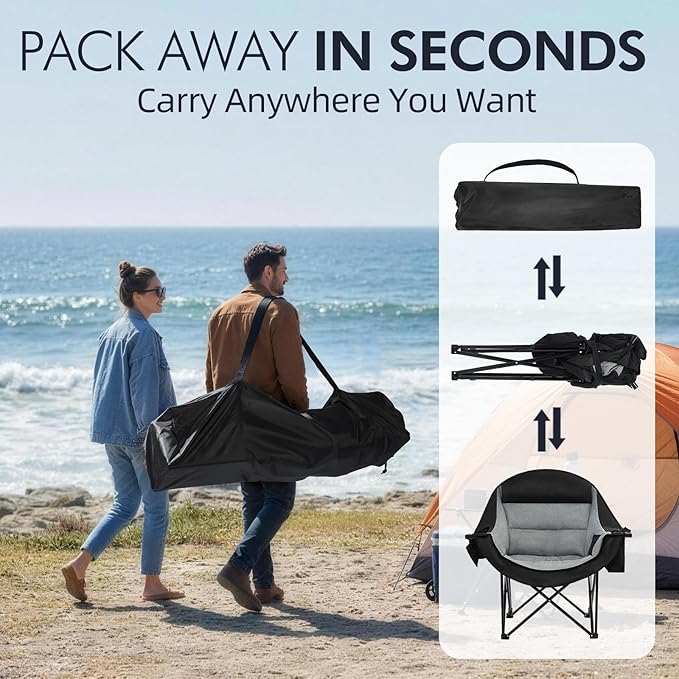 Oversized Camping Chair for Adults - Heavy Duty Outdoor Padded Large Lawn Camp Chair with Cup Holder Cooler Pockets for Sports Beach Fishing Garden Portable Supports 500lbs, Black/Grey 2 Pack - Image 6