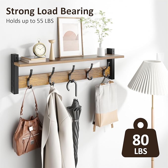 Coat Rack Wall Mount with Shelf, 24 Inch Coat Hanger Walls Mounted, Hat Rack - Image 2