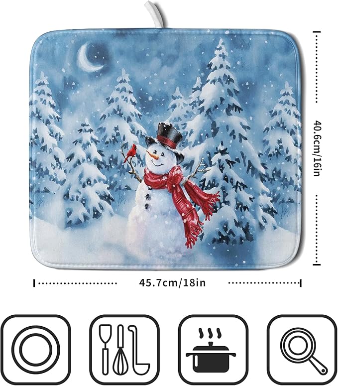 Blue Snowman Dish Drying Mat Winter Pine Tree Drainer Rack Mats 16x18 Inch - Image 2