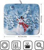 Blue Snowman Dish Drying Mat Winter Pine Tree Drainer Rack Mats 16x18 Inch - Image 2