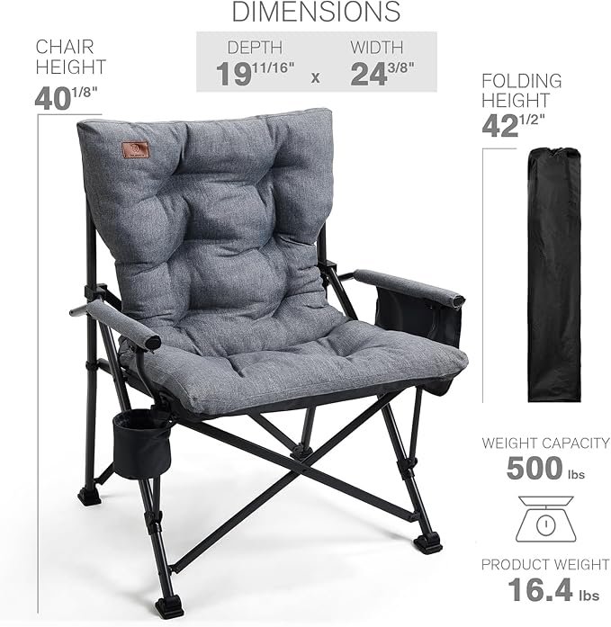 EVER ADVANCED Padded Oversized Folding Camping Chair for Adults, Heavy Duty Lawn Chair with Side Pockets, Portable Collapsible Quad Chair for Outside, Support Up to 500lbs, Grey - Image 7