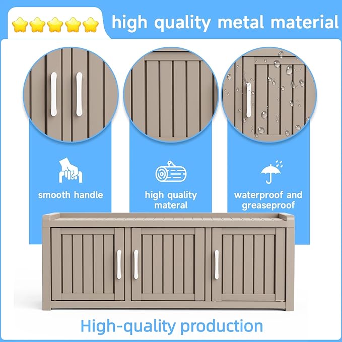 3 Doors Shoe Bench, Waterproof & UV-Resistant, Resin Shoe Cabinet Indoor & Outdoor Use, Entryway Bench with Adjustable Shelves & Hidden Storage Space for Bedroom, Hallway, Grey - Image 8
