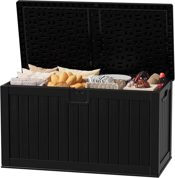 JUMMICO 250 Gallon Outdoor Resin Deck Box with Divider, Waterproof Storage Box with Lockable Lid&Side Handles for Garden Tools, Pools Supplies (Black) by JUMMICO