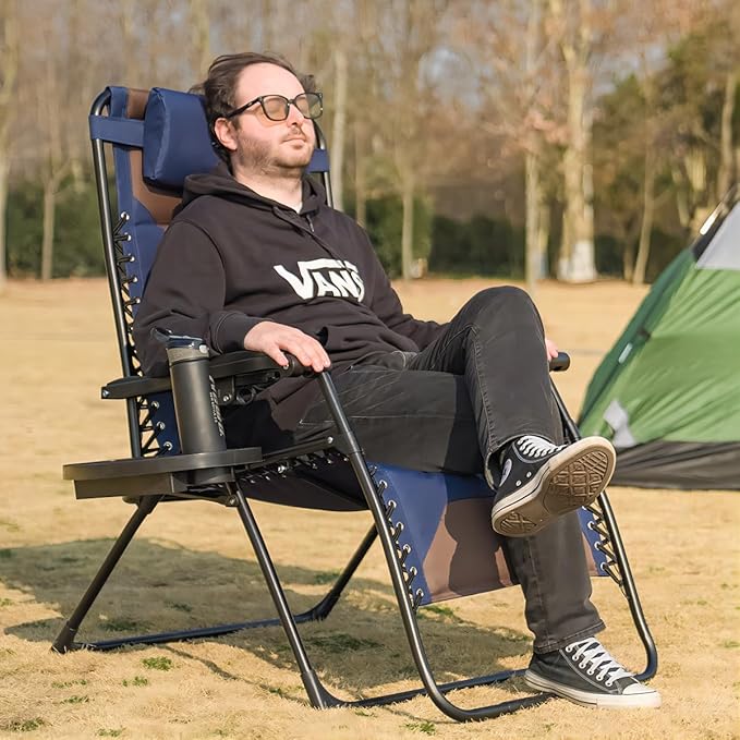 Zero Gravity Chair Set of 4 Oversized Padded Recliner with Adjustable Headrest & Cup Holder - 600D Oxford Folding Lounge Chair for Outdoor Camping, Patio, Poolside (Brown & Blue) - Image 2