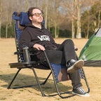 Zero Gravity Chair Set of 2 Oversized Padded Recliner with Adjustable Headrest & Cup Holder - 600D Oxford Folding Lounge Chair for Outdoor Camping, Patio, Poolside (Brown & Blue) - Image 2