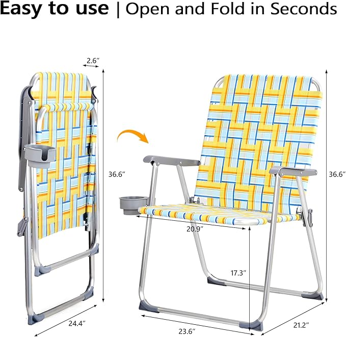 VINGLI Aluminum Oversize Patio Lawn Chairs Folding Set of 2 with Detachable Cup Holder, Webbed Beach Chair Folding Chair Outdoor Portable Camping Chair for Yard, Garden - Image 6