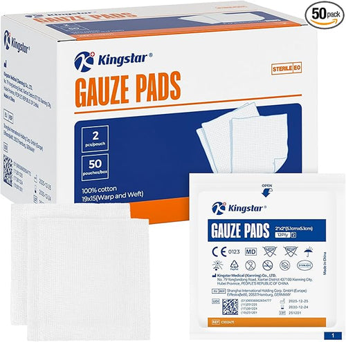 100Pcs Sterile Gauze Pads 2x2 Inch 12-Ply, 100% Cotton 2x2 Gauze Pads, Highly by Kingstar