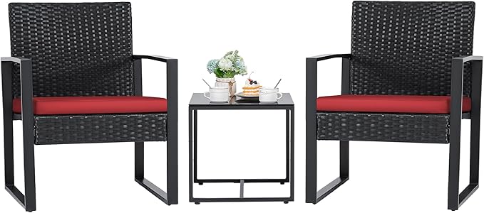 Flamaker 3 Pieces Wicker Patio Furniture Outdoor Modern Rattan Chair Conversation Sets with Coffee Table for Yard and Bistro (Red) by Flamaker