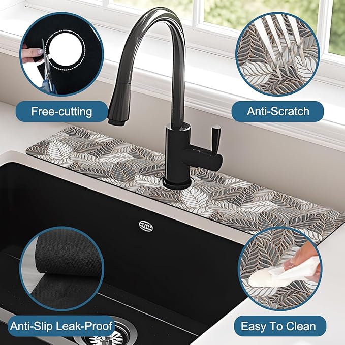 Embossed Leaf Texture Sink Faucet Absorbing Mat Grey Leaf Super Absorbent Fast - Image 4