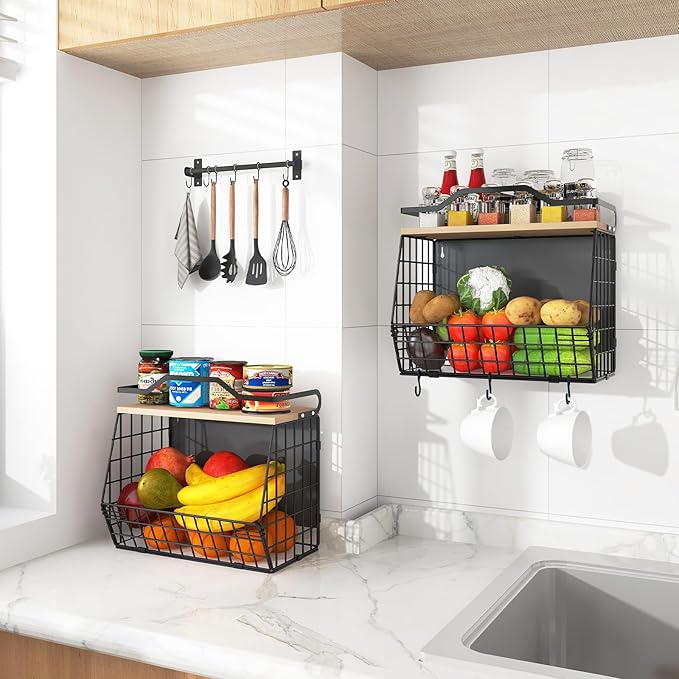 Magnetic Shelf for Fridge with Wood Lid, 2 Tier Fruit Baskets Wall Mounted - Image 8