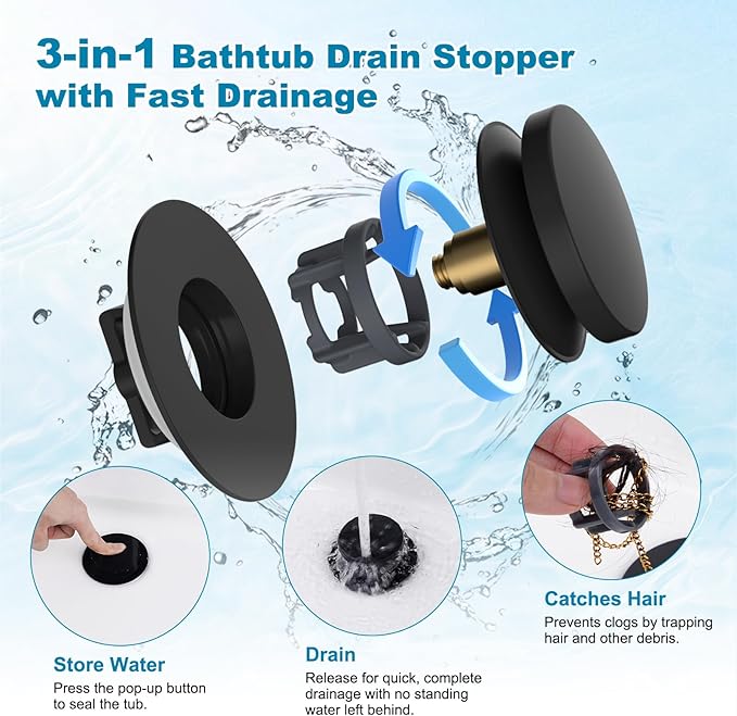 Hibbent 3 in 1 Metal Bathtub Drain Stopper, Universal Pop Up Tub Stopper - Image 2
